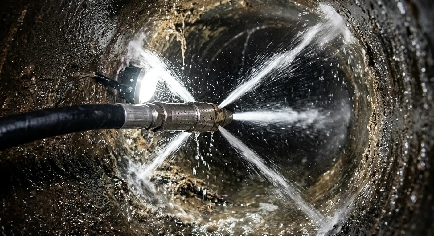 High-pressure hydro jetting nozzle cleaning sewer pipe for Sewer Cleanout in Webster